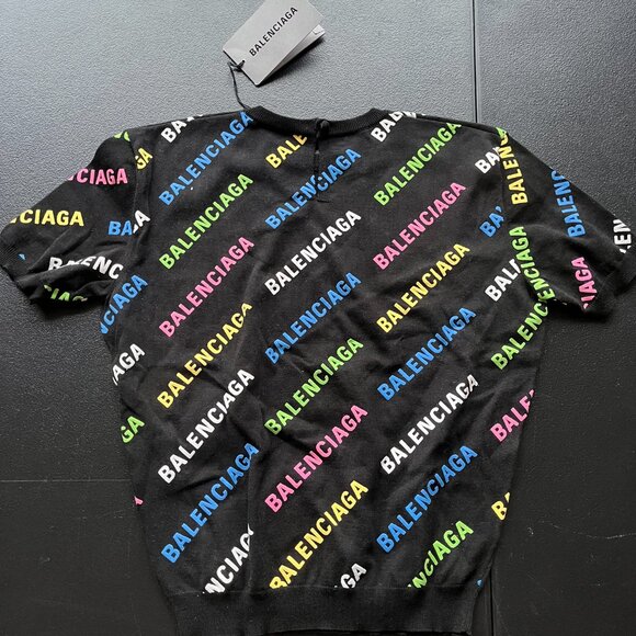 NWT Balenciaga Crop Sweater Cotton Puff Ink Knit Black Multicolor Logo Print - Picture 6 of 11